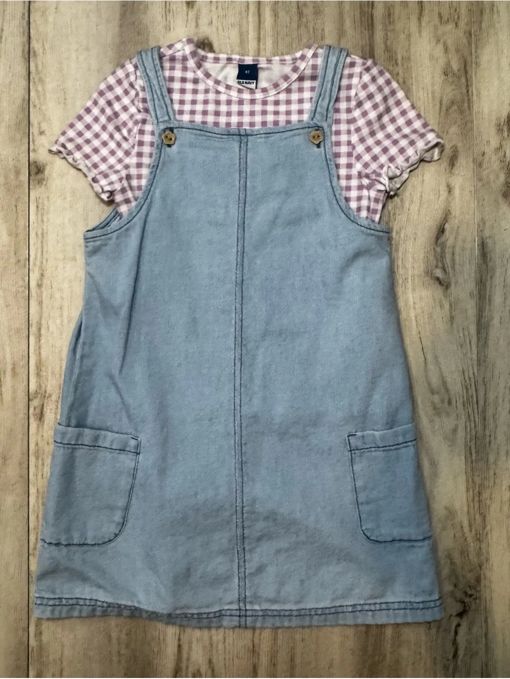 Old Navy Light Blue Denim Pinafore with Purple Gingham Tee